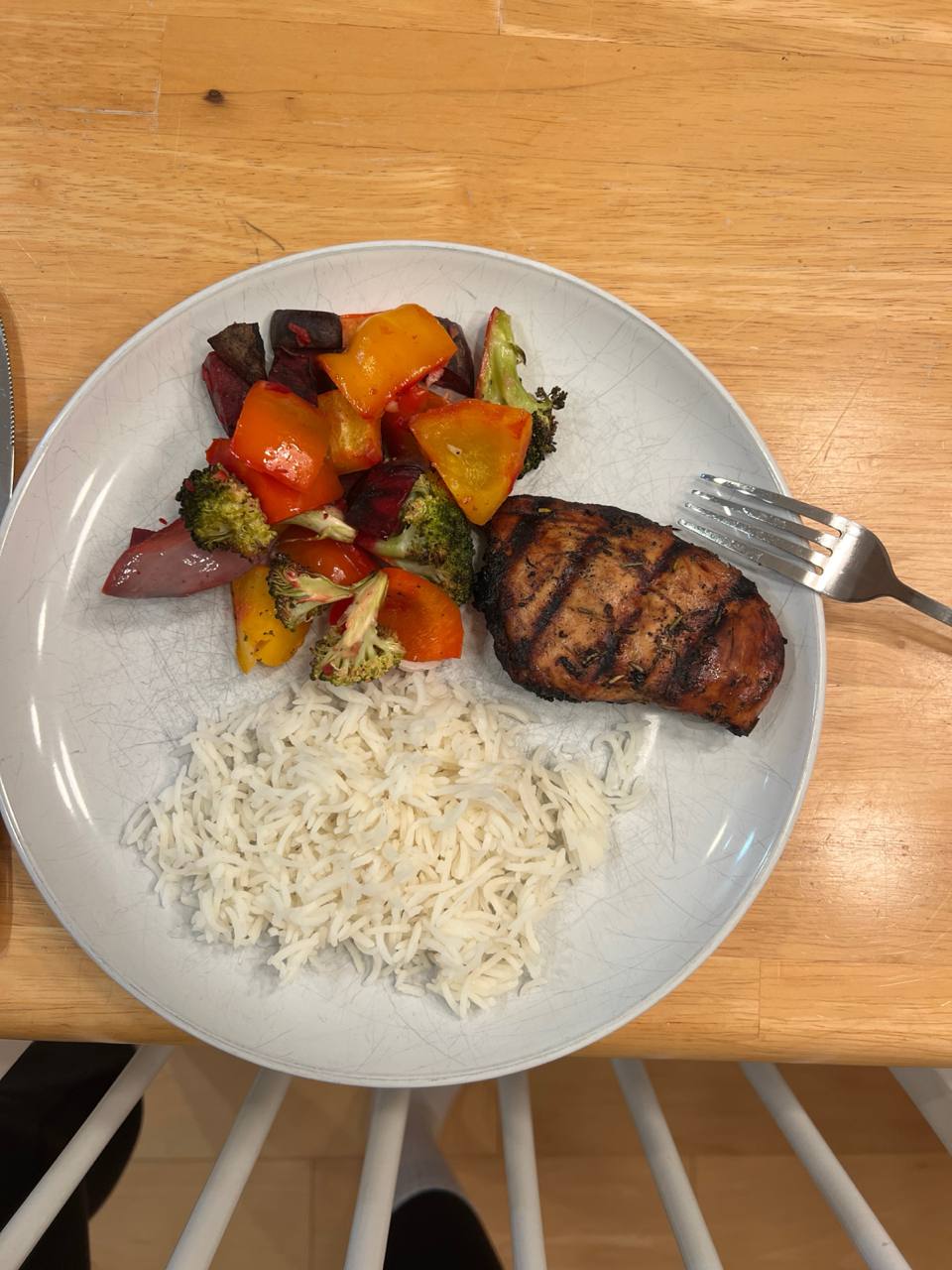 grilled chicken breast, roasted vegetables, and 3/4 cup cooked rice