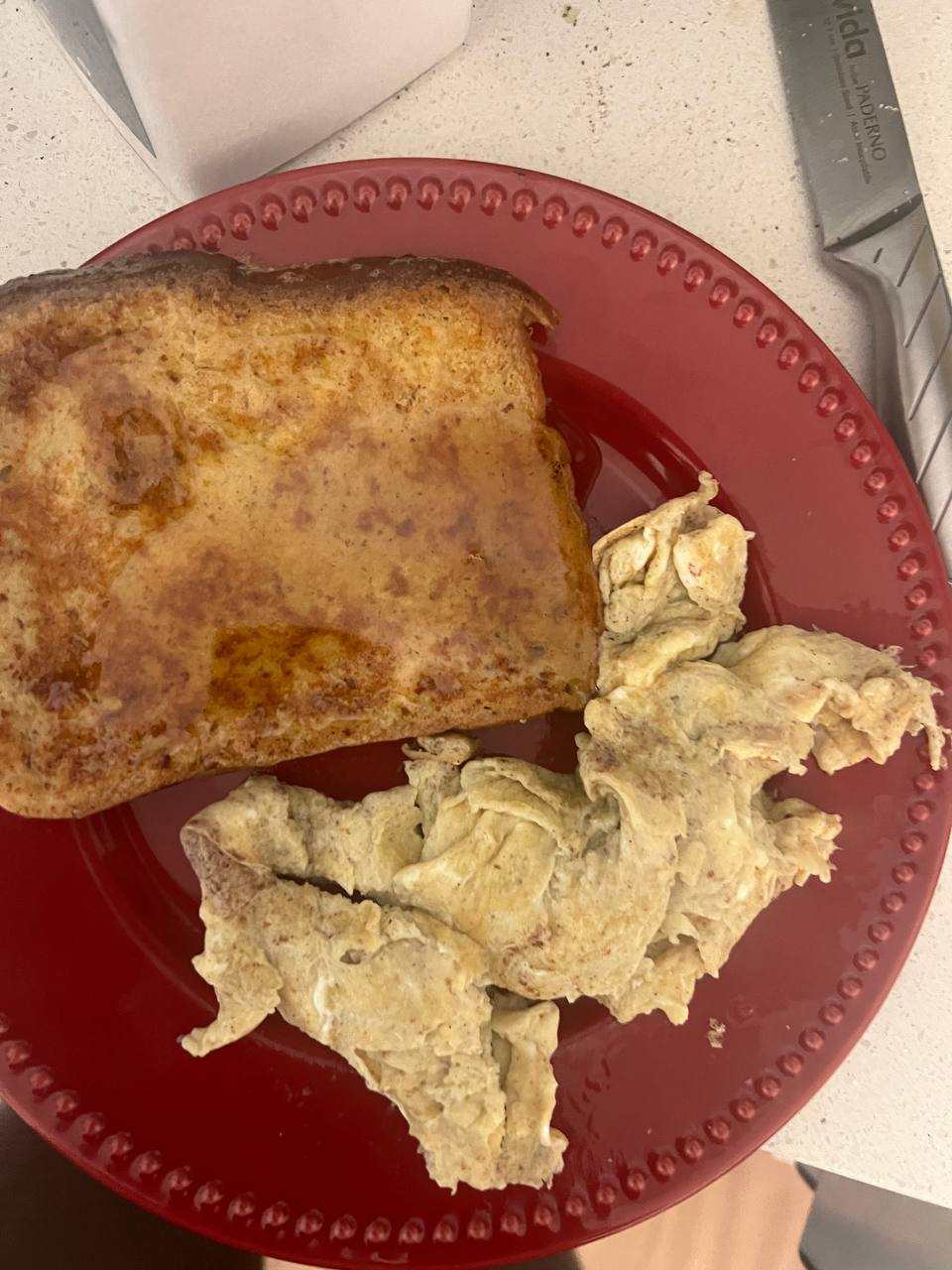 Toasted bread with maple syrup, Scrambled eggs