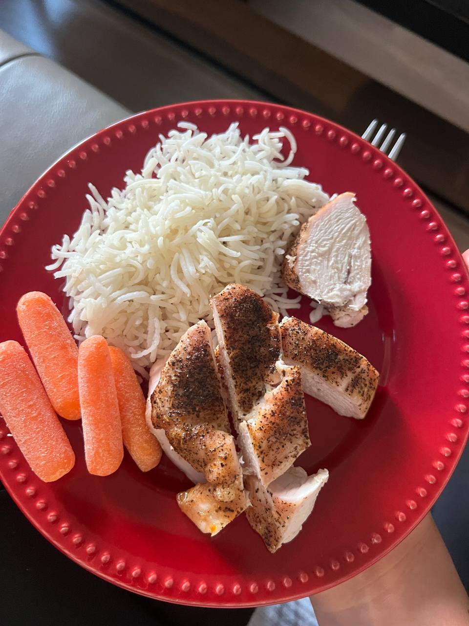 chicken breast, rice, and baby carrots