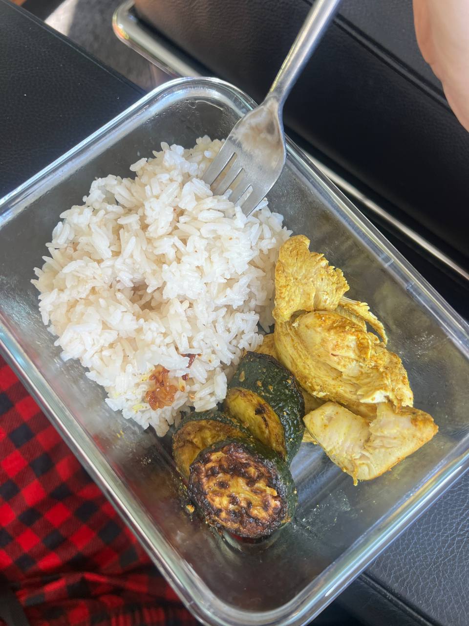 Chicken breast (cooked, spiced/marinated), White rice (cooked), Grilled zucchini, Medjool dates (approximately 8), Peanut butter (approximately 15 g)
