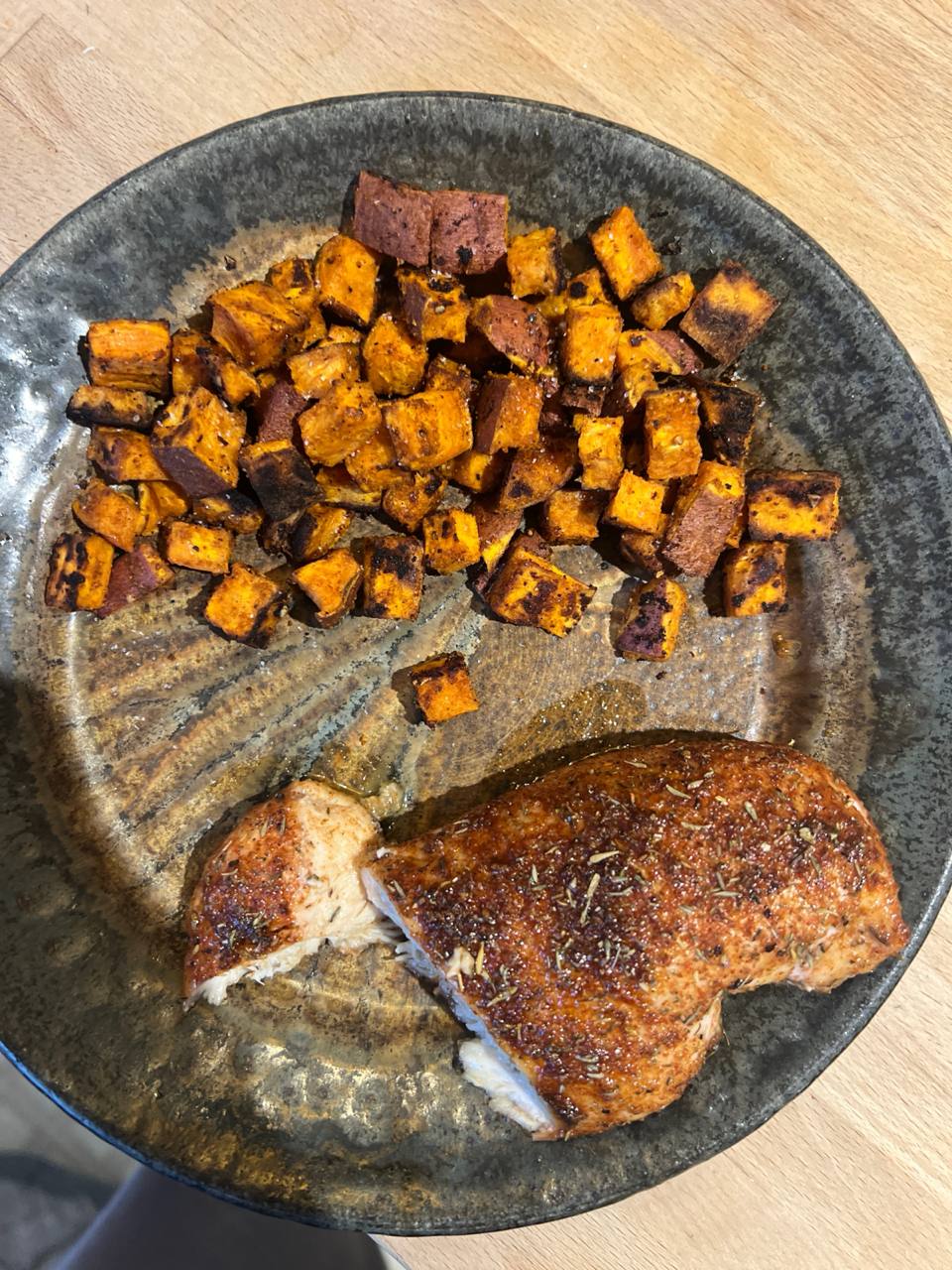 Roasted sweet potato (cooked with olive oil), Pan-seared chicken breast (rosemary-seasoned), Mixed fresh vegetables (side, not visible in frame), Green olives (two, not visible in frame)