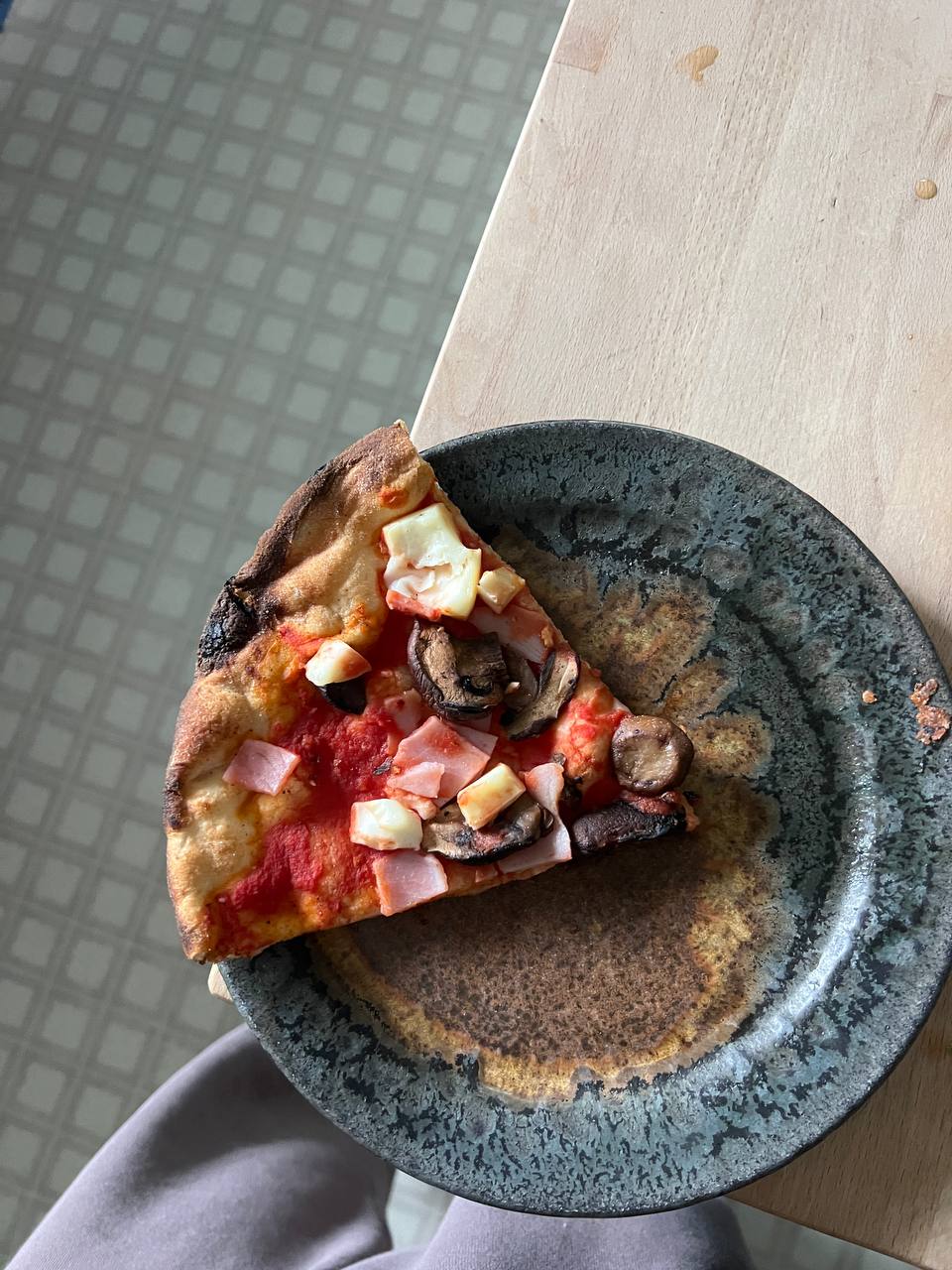 Ham, mushroom, and cheese pizza, two slices