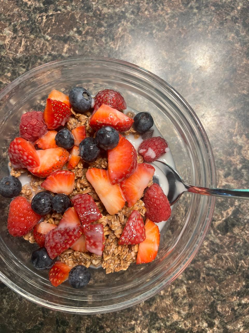 Granola, Mixed berries, strawberries, blueberries, and raspberries, Almond milk