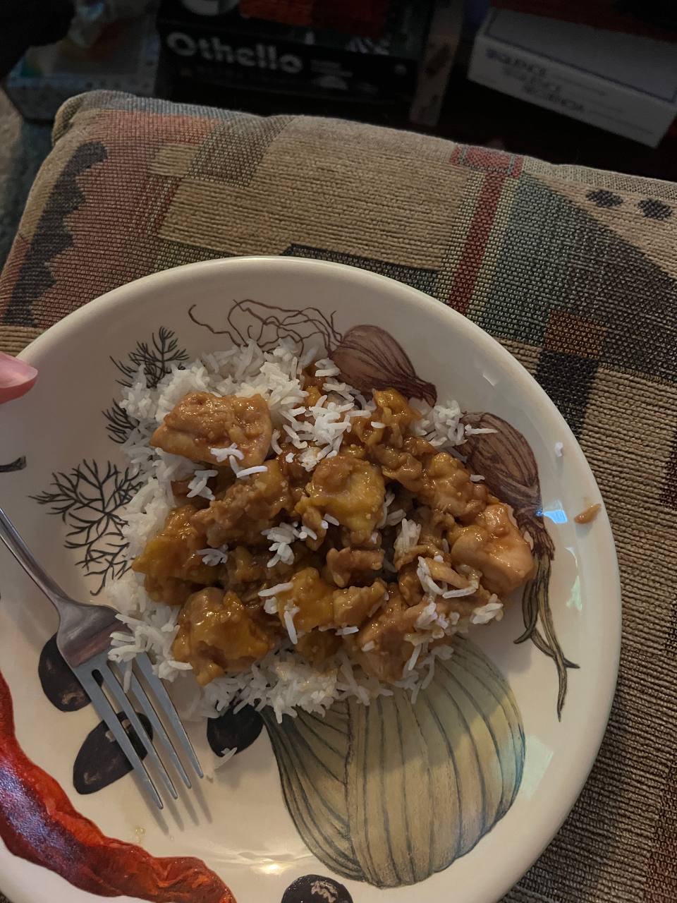 Orange chicken in sauce, White rice, Spinach salad