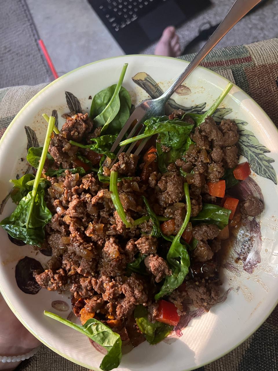 Banana, Pancakes with maple syrup, Toast with peanut butter and honey, Grapes, Ground beef bowl with sweet soy BBQ sauce, sweet potatoes, spinach, and bell peppers