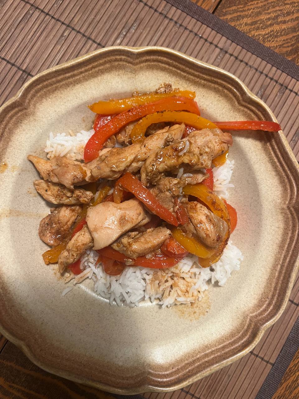 Cooked white rice, Cooked chicken, Sautéed bell peppers and onions, Cooking oil and light sauce
