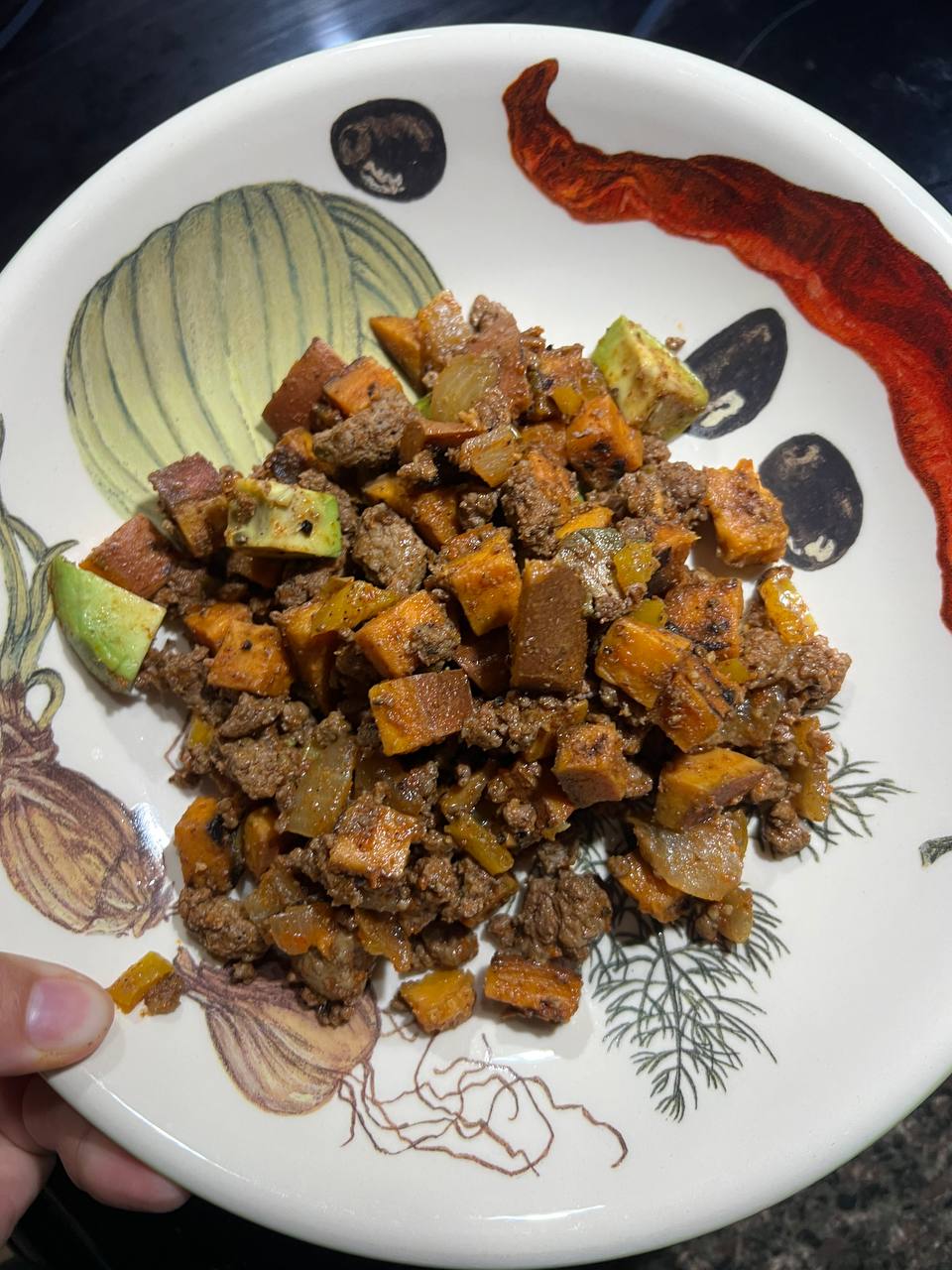 Seasoned ground beef, Sweet potato, Avocado